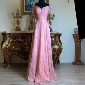 Women’s formal pleated bodice rhinestone cap sleeves evening prom dress